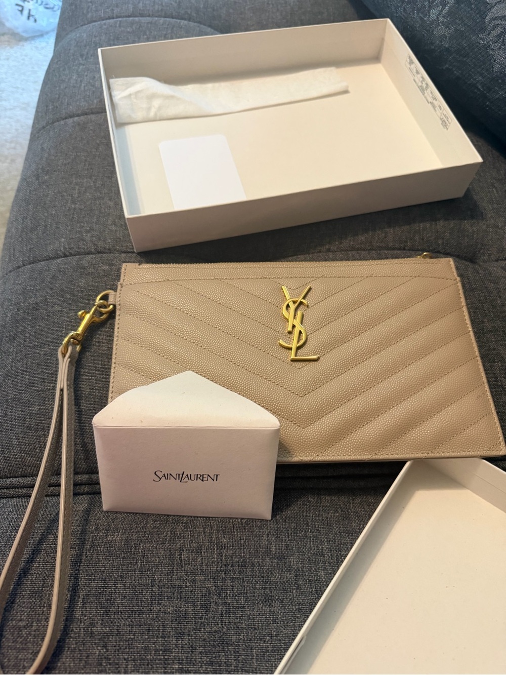Saint Laurent Nude Beige Quilted Wristlet Pouch